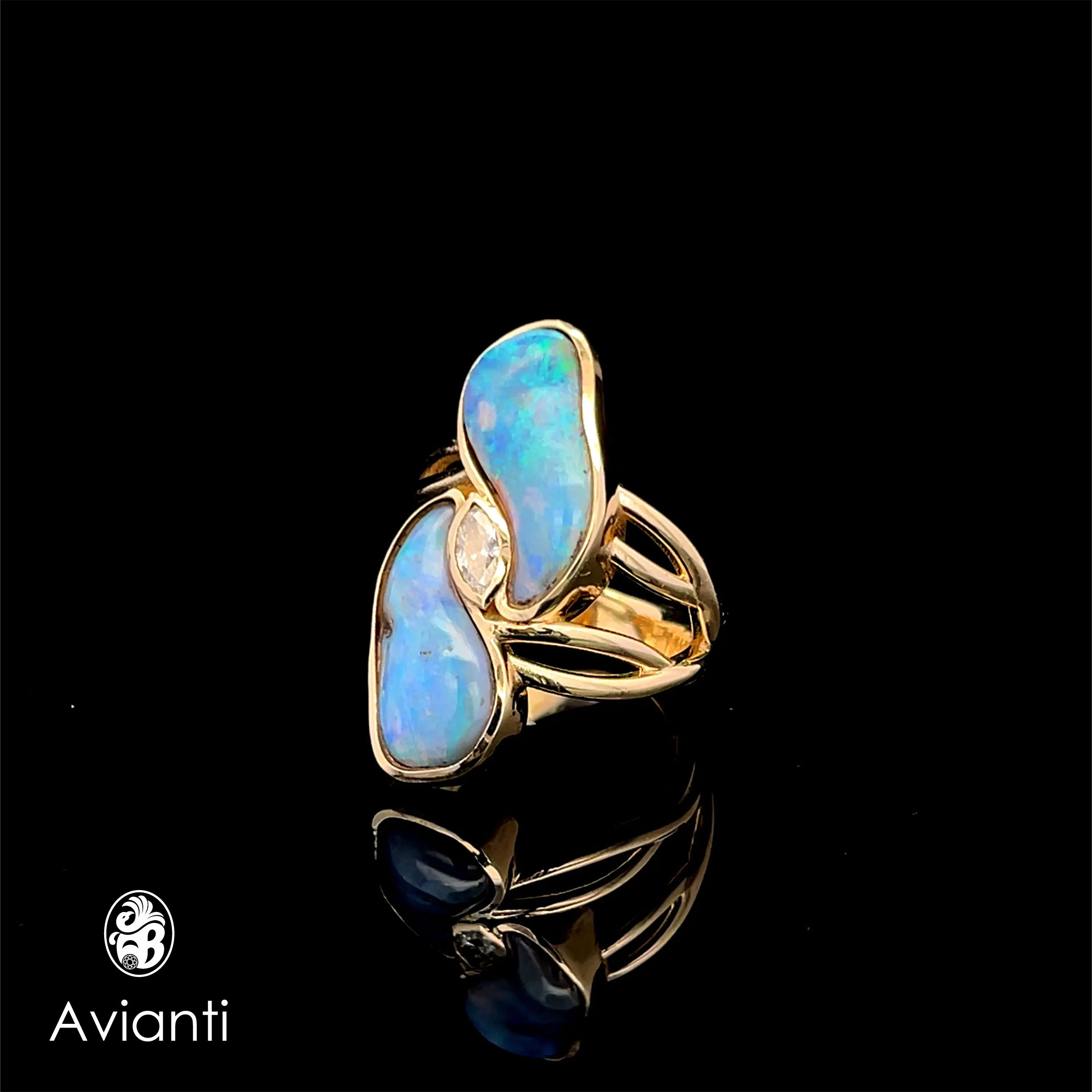 14K Yellow Gold Boulder Opal Ring: Australian Blue-Green Gemstone