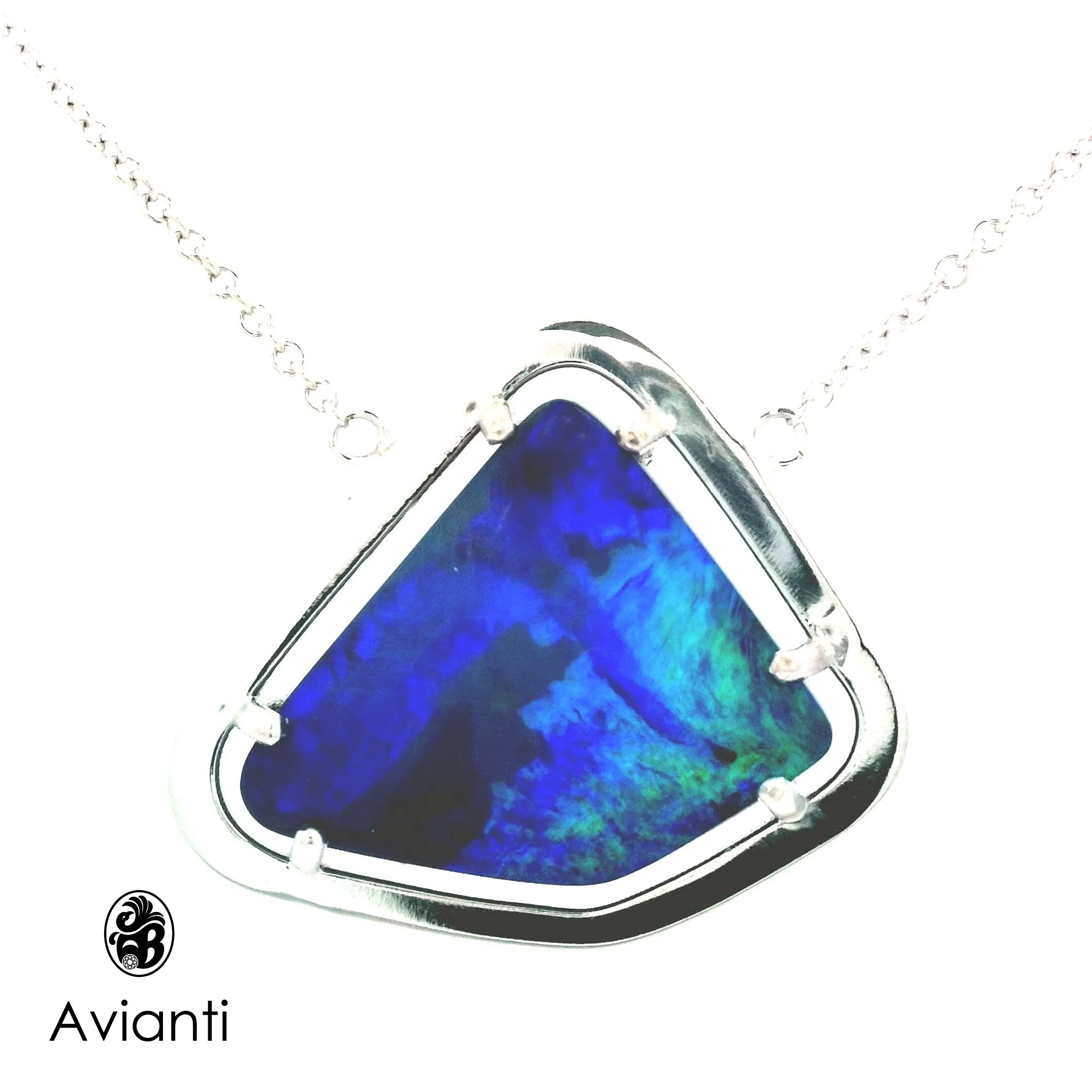 14k White Gold Bezel Set Boulder Opal Necklace